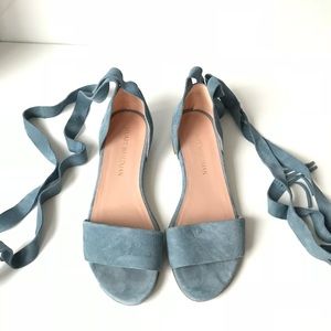 Stewart Weitzman Blue Suede Corbata Wrap Fringe Ankle Tie Sandal Flats